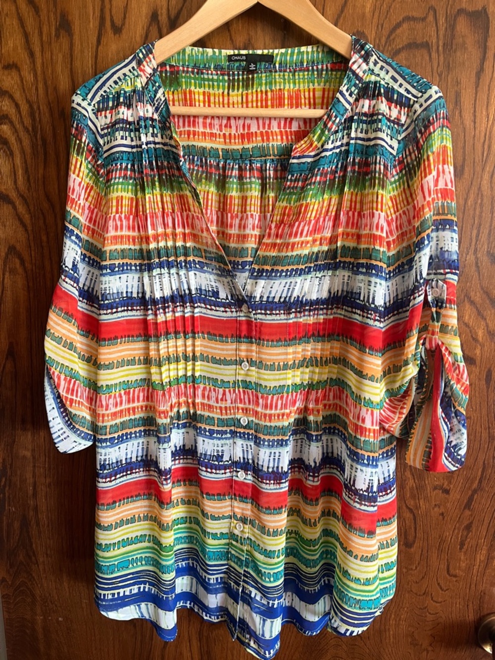 Chaus Multicolor Striped Button-Front Blouse — Red, Blue, Green, Yellow